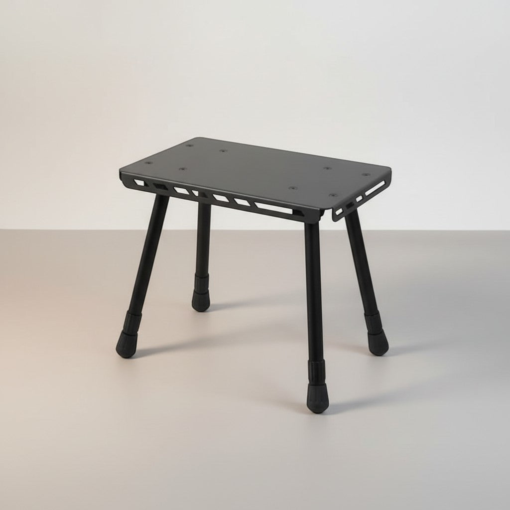 CAMPY black aluminum alloy folding camping stool and table with adjustable legs, 30x20cm top.
