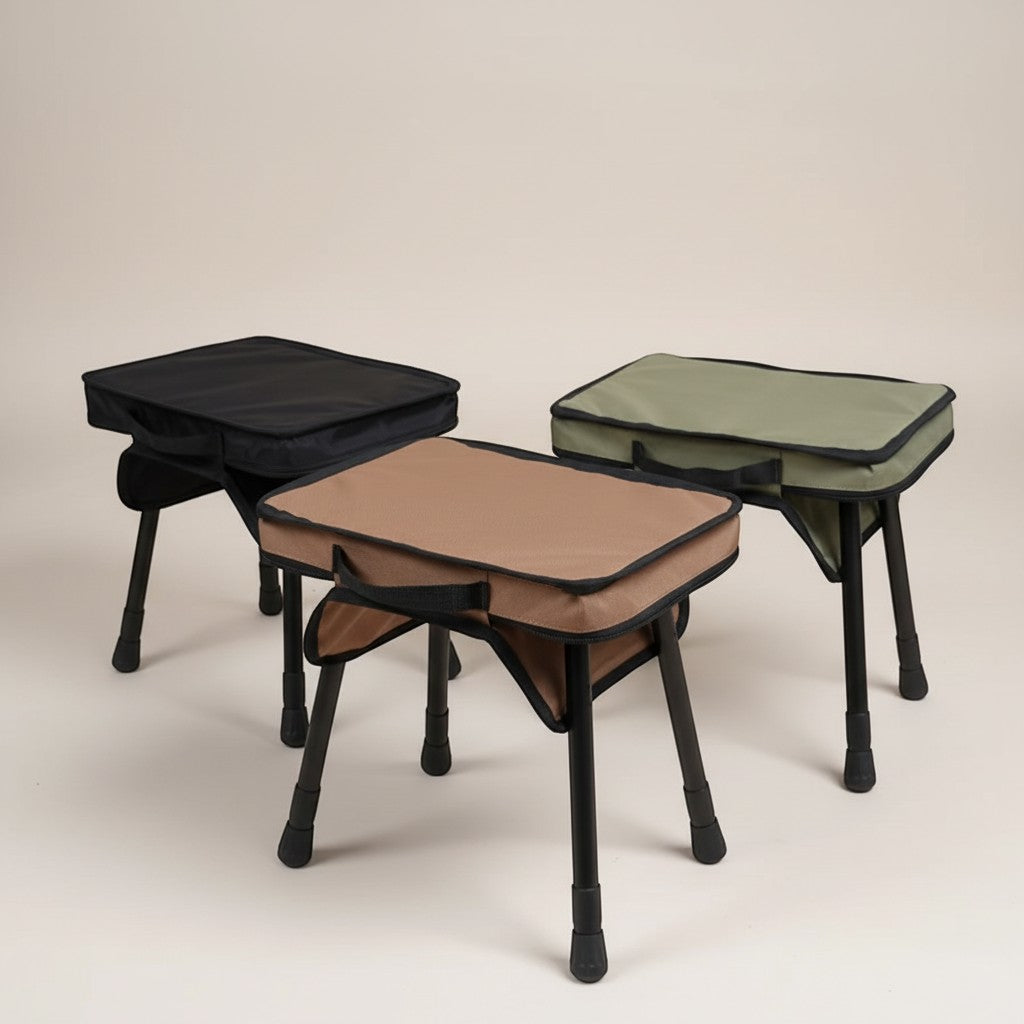 CAMPY 2-in-1 folding camping stool and table in khaki, black, and army green. Made of aluminum alloy, iron, and Oxford cloth.
