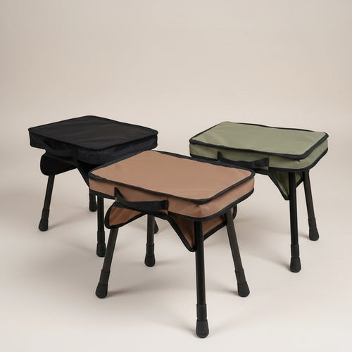 CAMPY 2-in-1 folding camping stool and table in khaki, black, and army green. Made of aluminum alloy, iron, and Oxford cloth.