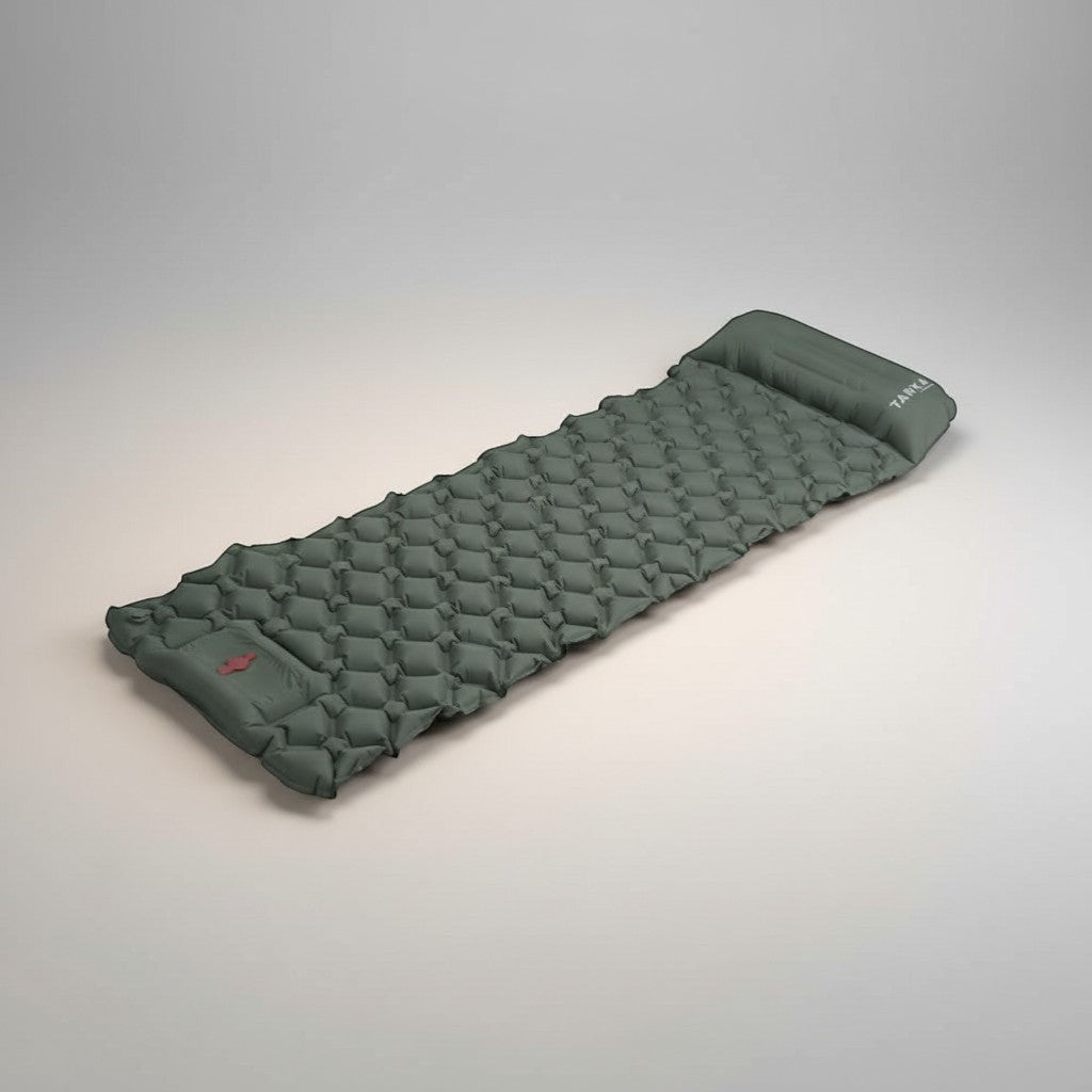 CAMPY green inflatable camping sleeping pad with built-in pump, 40D nylon TPU fabric, lightweight and portable for outdoor adventures.