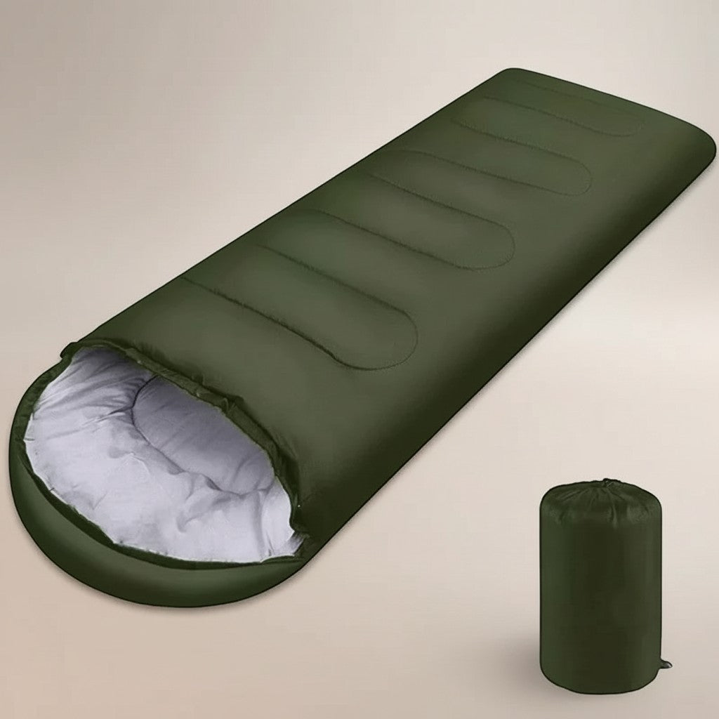 CAMPY ultralight green 4-season waterproof camping sleeping bag with compression sack. Polyester exterior and lining.
