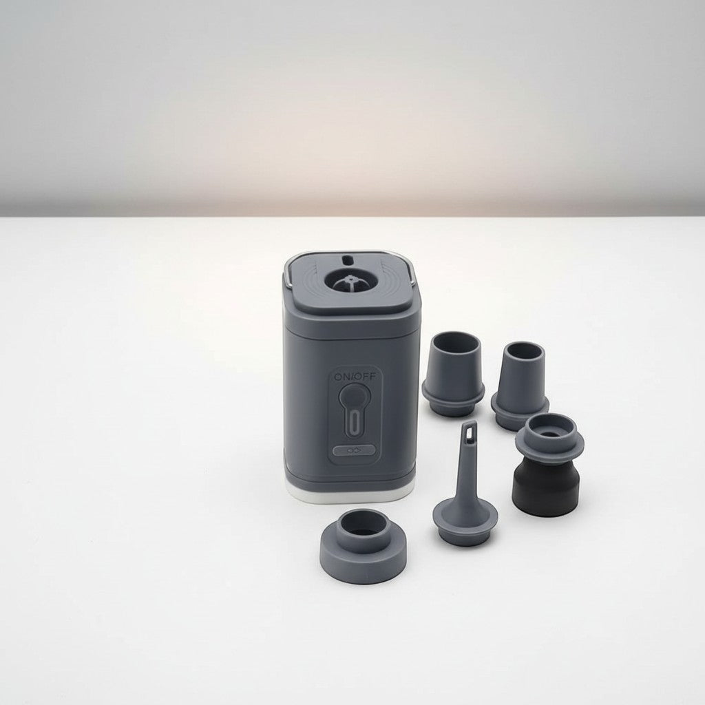 CAMPY grey portable USB rechargeable air pump with multiple nozzles and built-in light.