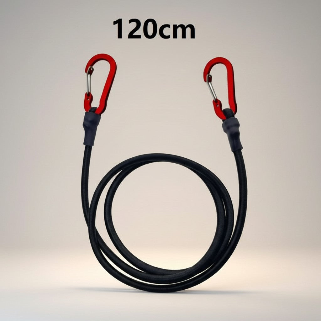 CAMPY 120cm heavy duty black bungee cord with red aluminum carabiner hooks for securing gear.