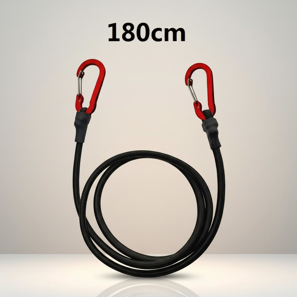 CAMPY 180cm heavy duty black bungee cord with red aluminum alloy carabiner hooks for securing gear.