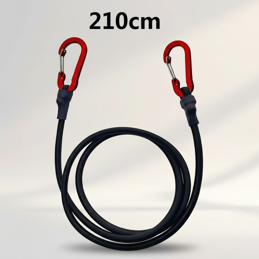 CAMPY 210cm heavy duty black bungee cord with red aluminum alloy carabiner hooks