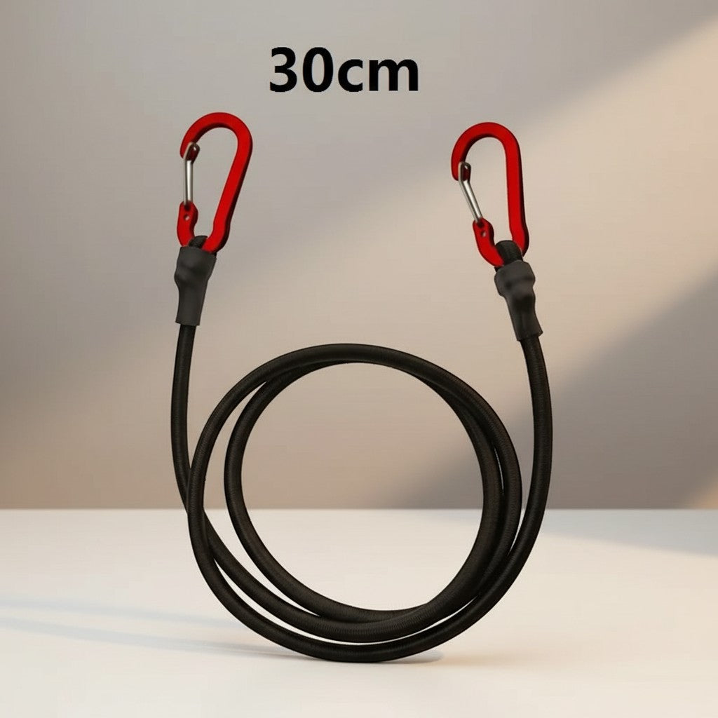 CAMPY black 8mm heavy duty bungee cord with red aluminum carabiner hooks, 30cm length
