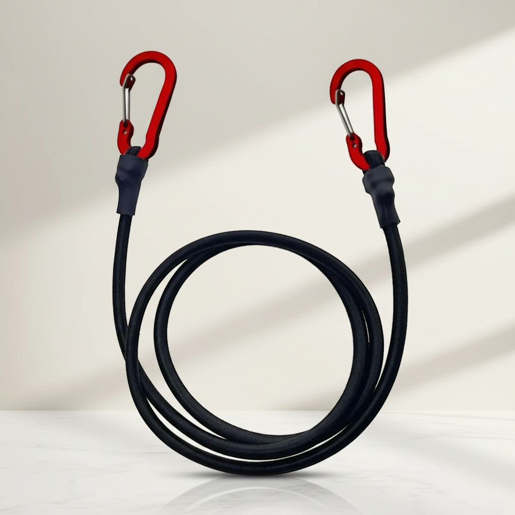 CAMPY black heavy duty 8mm latex bungee cord with red aluminum carabiner hooks for securing gear.