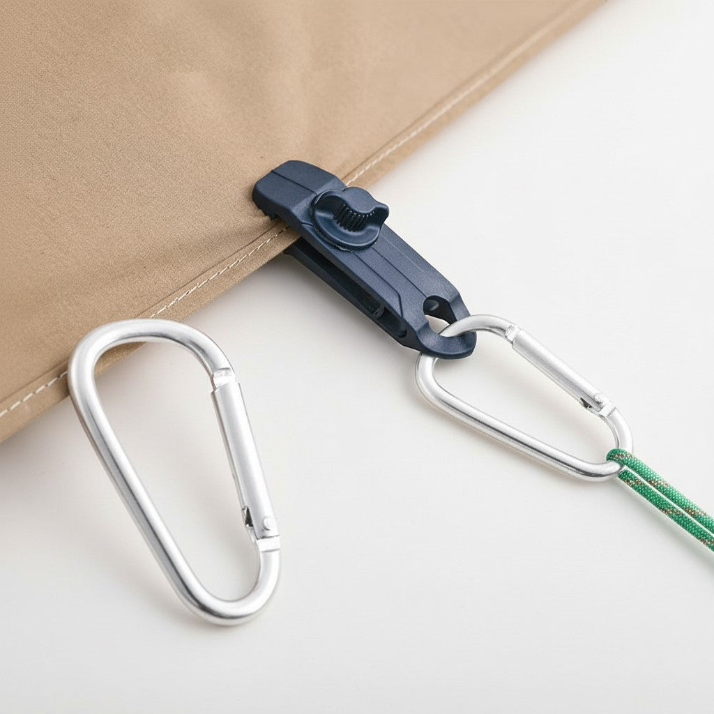 CAMPY heavy-duty black ABS tarp clips with spiral tightening system and carabiner for camping.