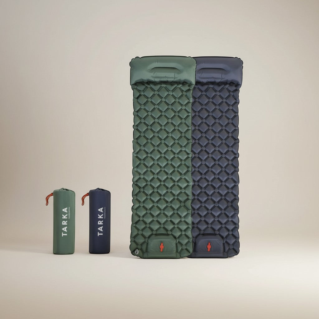 CAMPY inflatable camping sleeping pad in green and dark grey with built-in pump and connectable design.