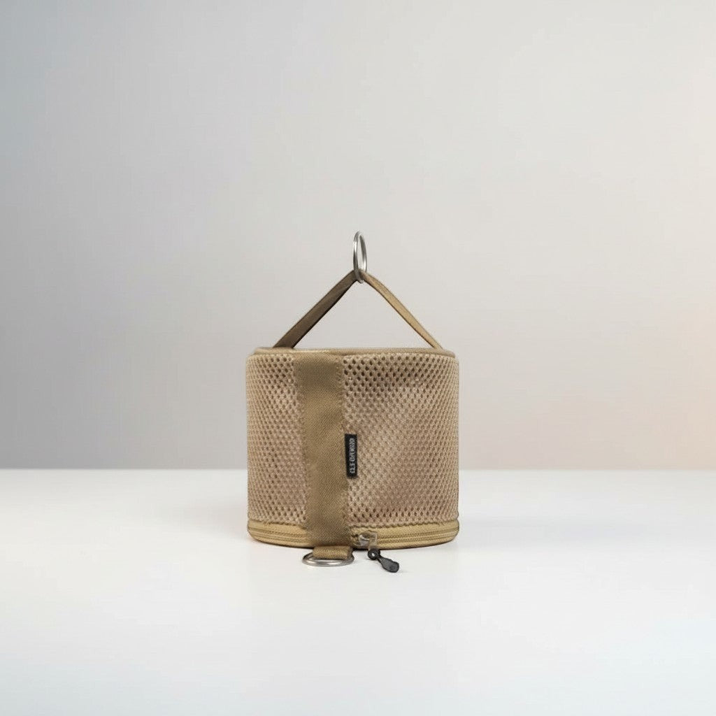 CAMPY khaki mesh Oxford cloth portable camping tissue holder with zipper closure and hanging ring.