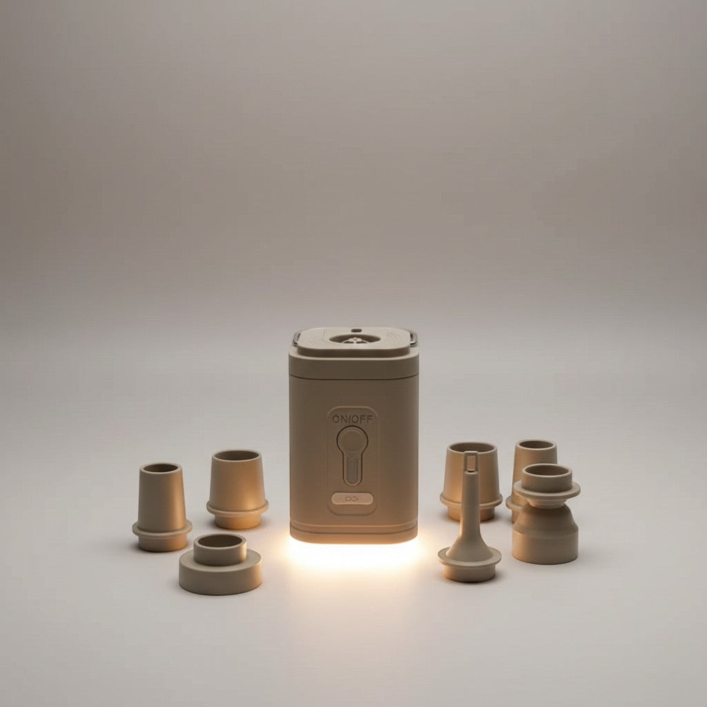 CAMPY khaki rechargeable air pump with multiple nozzle attachments and built-in light. USB powered.