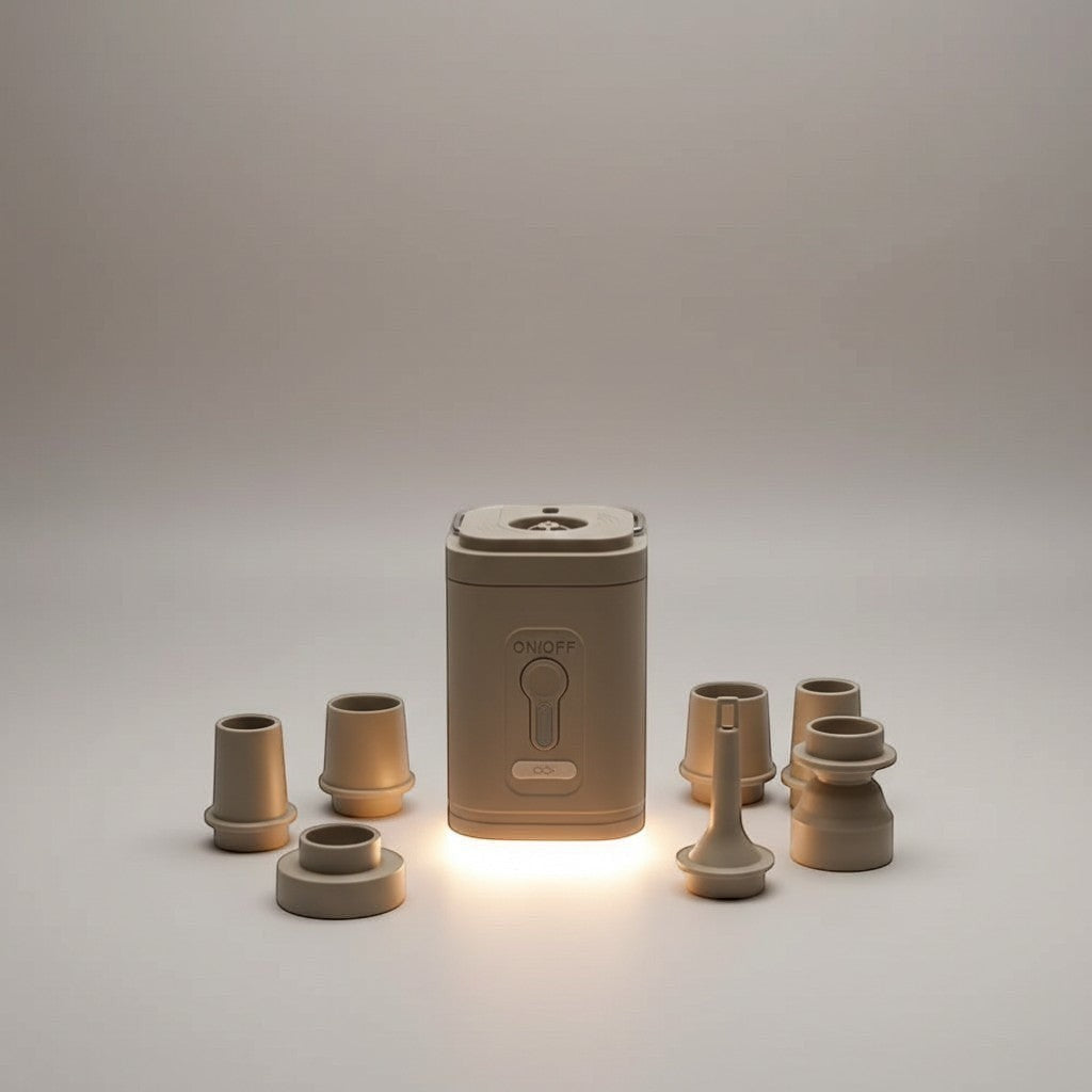 CAMPY khaki rechargeable air pump with multiple nozzle attachments and built-in light. USB powered.