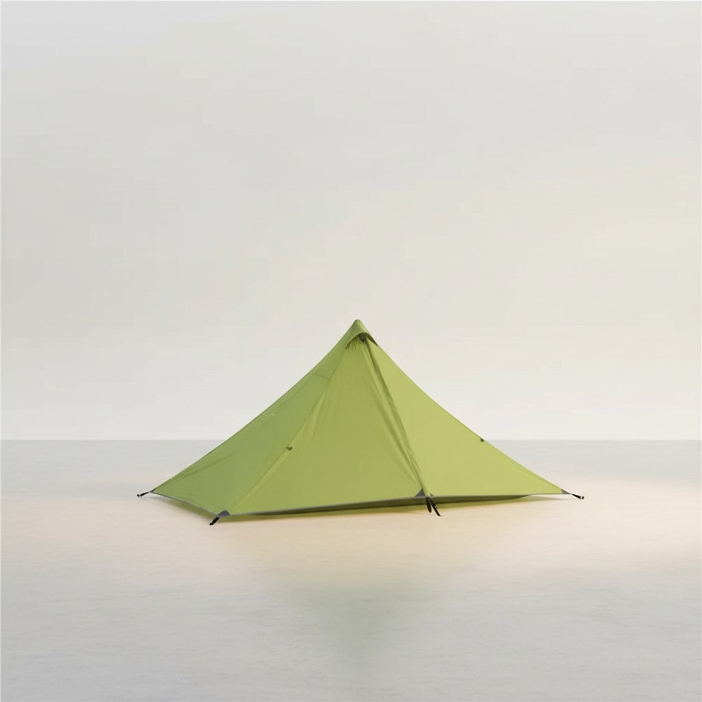 CAMPY ultralight single person pyramid tent in lime green, made from waterproof 210T fabric, rodless setup.