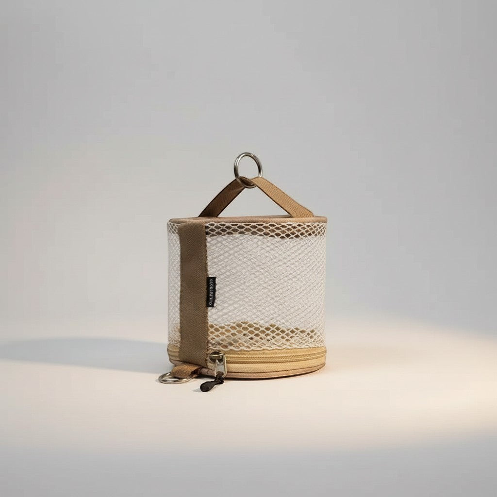 CAMPY portable mesh tissue holder in khaki and tan, with zipper closure and hanging ring. Ideal for outdoor camping.