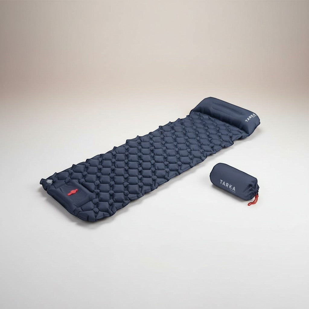 CAMPY navy blue inflatable camping sleeping pad with built-in pump and connectable design, made of 40D nylon TPU fabric.
