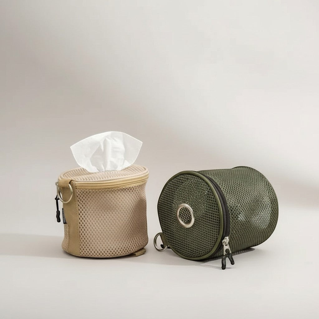 CAMPY portable mesh Oxford cloth tissue holder in khaki and green, perfect for outdoor camping and travel.
