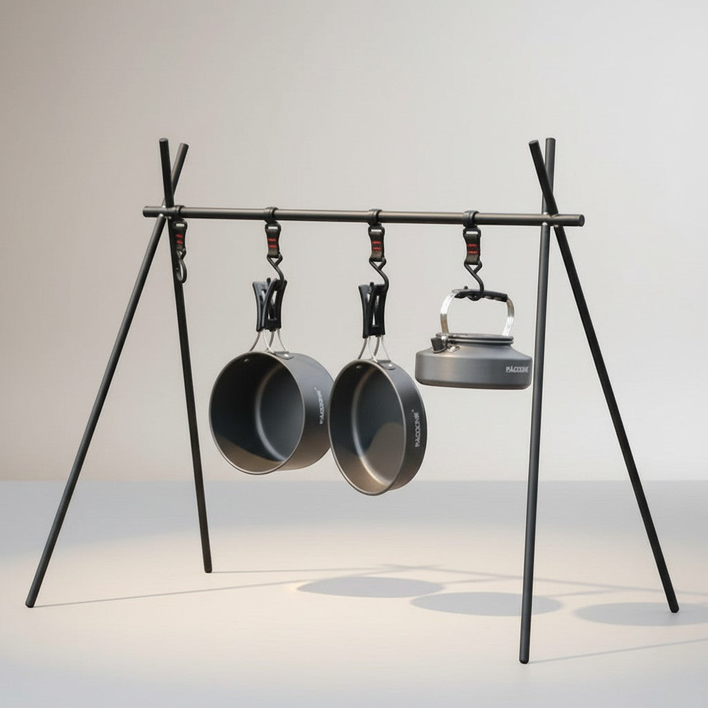 CAMPY portable camping cookware kit with pot, pan, and kettle made of lightweight aluminum alloy, hangable for drying.