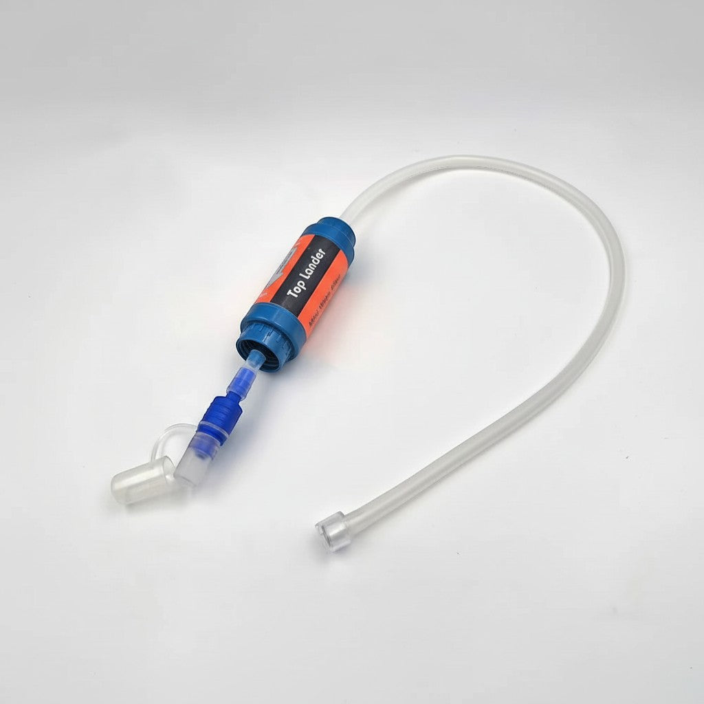 CAMPY portable camping water filter straw with blue and orange casing, stainless steel mesh, and clear tubing. Filters 0.1 micron.