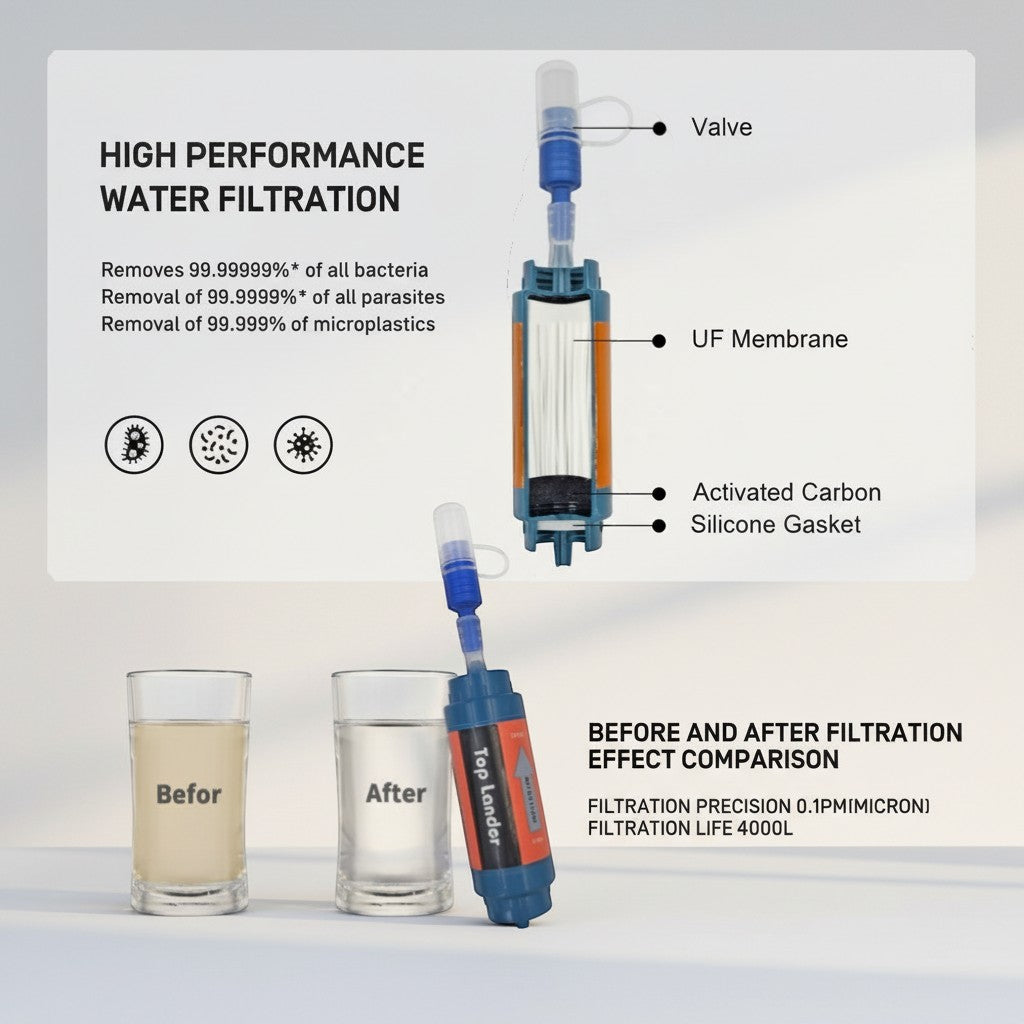 CAMPY portable camping water filter straw with UF membrane and activated carbon for outdoor use. Removes bacteria, parasites, and microplastics.