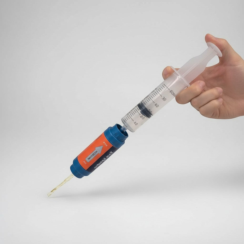 CAMPY portable camping water filter straw with syringe for easy backwashing, filters 4000L of water.