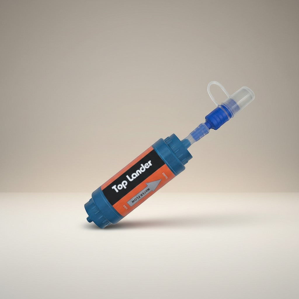 CAMPY portable camping water filter straw, blue and orange, for direct drinking from water sources.