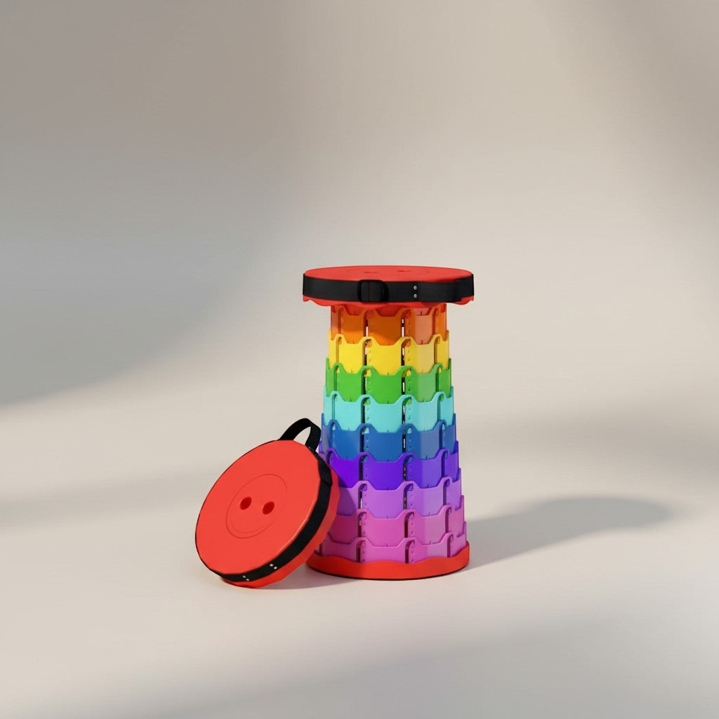 CAMPY rainbow retractable folding camping stool, adjustable height up to 45cm, folds to 25x6cm, durable plastic.