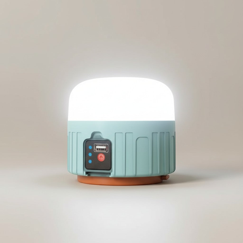 CAMPY rechargeable LED camping lantern in light blue ABS plastic with USB charging port and three lighting modes.