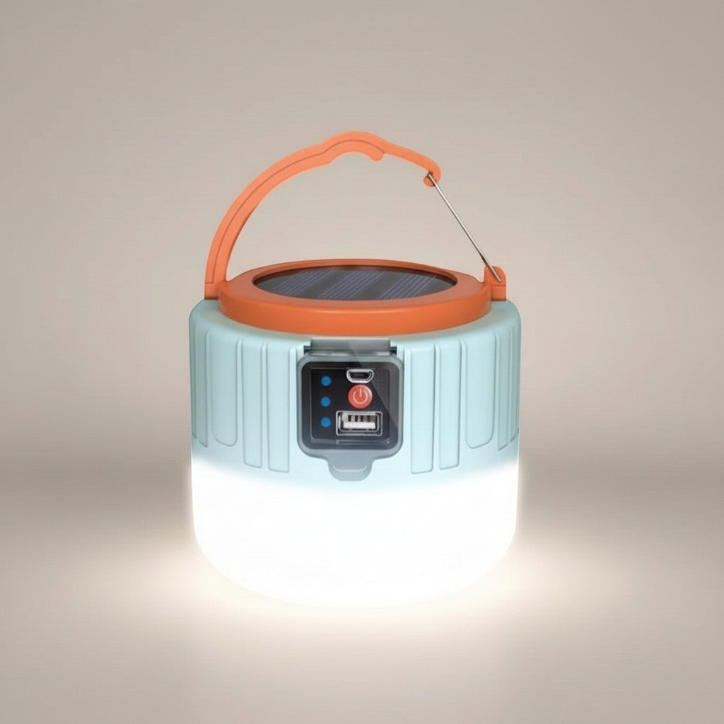 CAMPY rechargeable LED camping lantern with solar charging, USB port, and 3 light modes. Orange handle, blue body.
