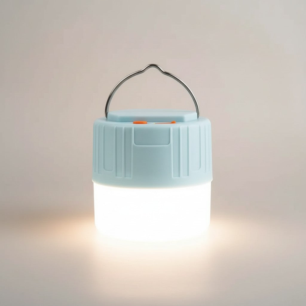 CAMPY rechargeable LED camping lantern, white and light blue, with solar and USB charging, 3 lighting modes, and remote control.