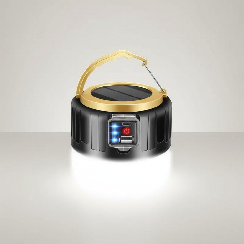CAMPY rechargeable LED camping lantern with solar charging, USB port, remote control, and 3 lighting modes.