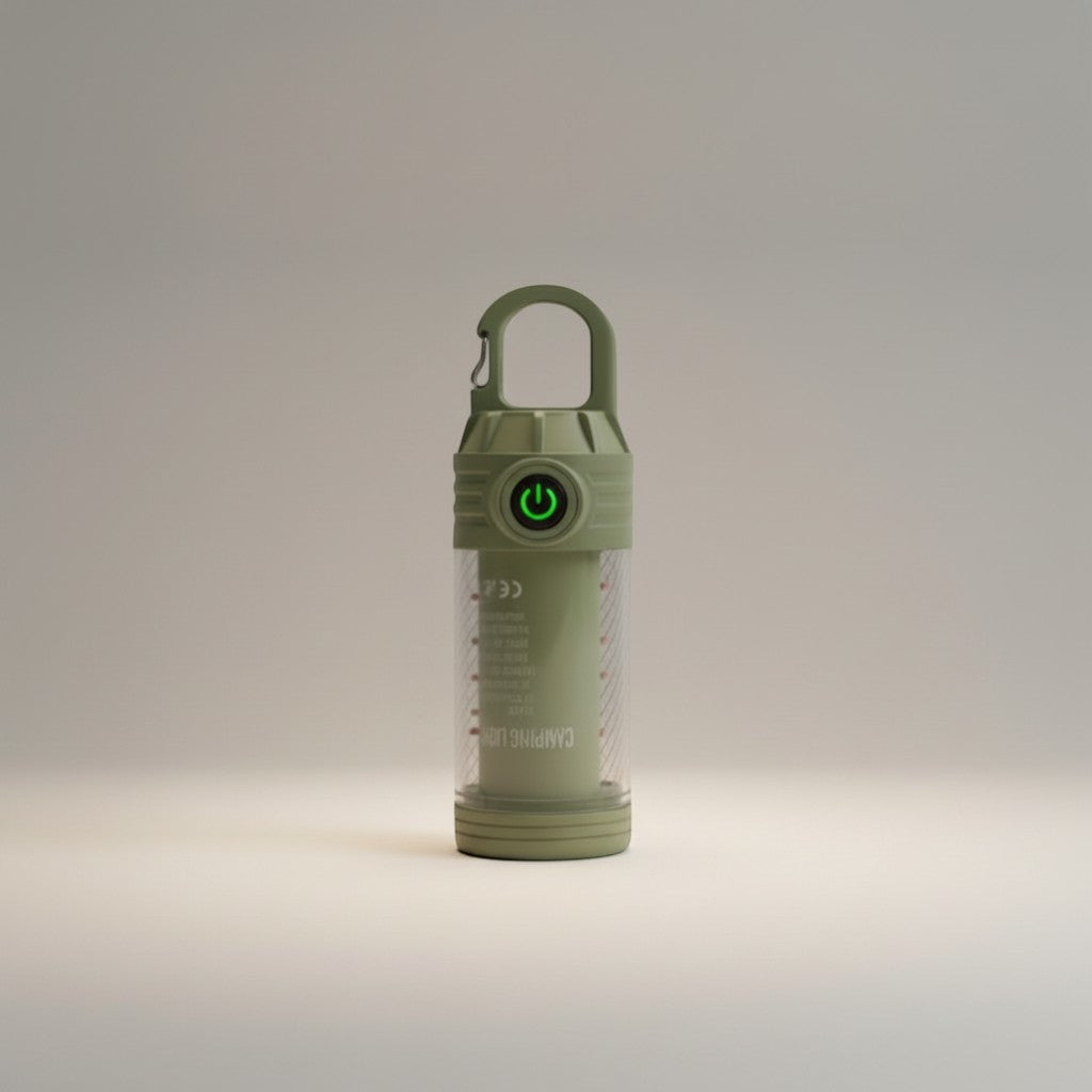 CAMPY green rechargeable LED camping lantern with multiple light modes and Type-C charging, ideal for outdoor adventures.