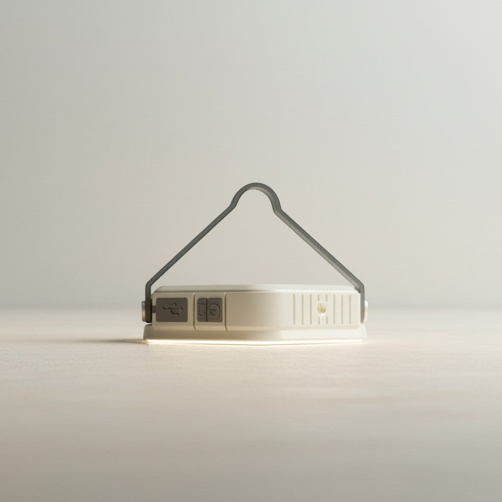 CAMPY rechargeable LED camping light, beige, with USB and Type-C ports, and a hanging hook.