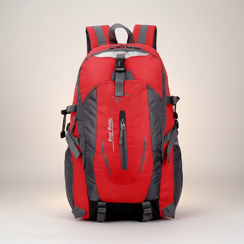 CAMPY red and grey 40L waterproof nylon hiking backpack with adjustable straps and mesh pockets.