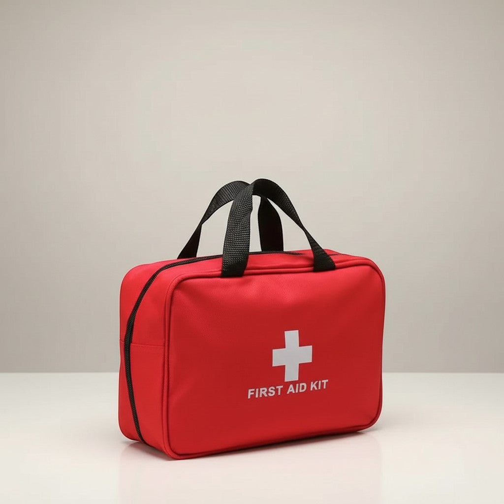 CAMPY red portable first aid kit bag with white cross and text, durable nylon for travel and outdoor emergencies.