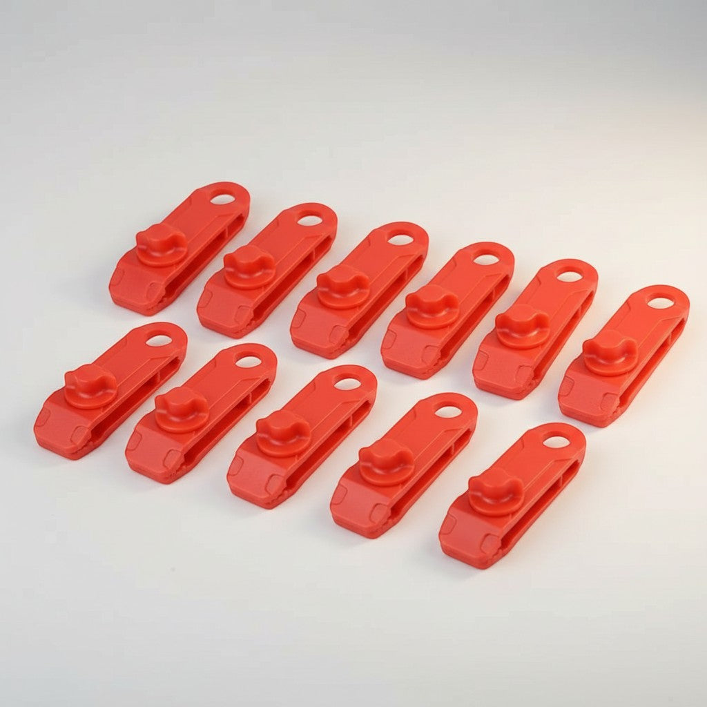 CAMPY red heavy-duty ABS plastic tent tarp clips with locking clamp and spiral tightening system for outdoor use.