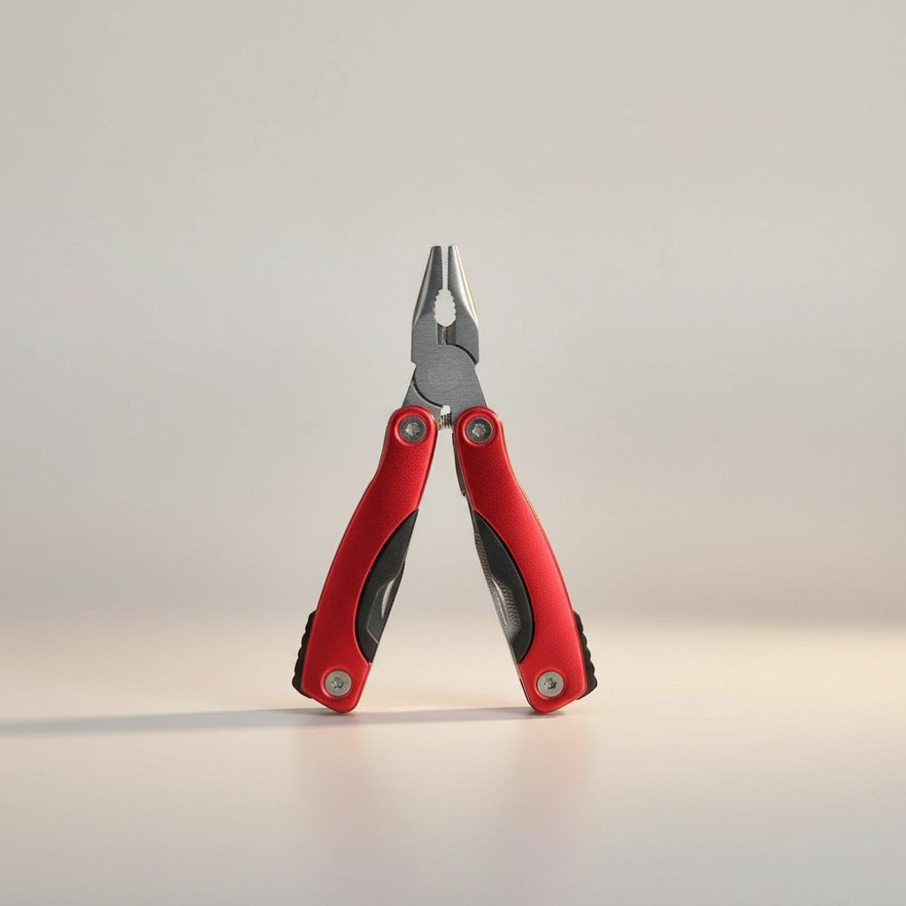 CAMPY 9-in-1 stainless steel multi-tool pliers with red handles, ideal for camping and outdoor adventures.