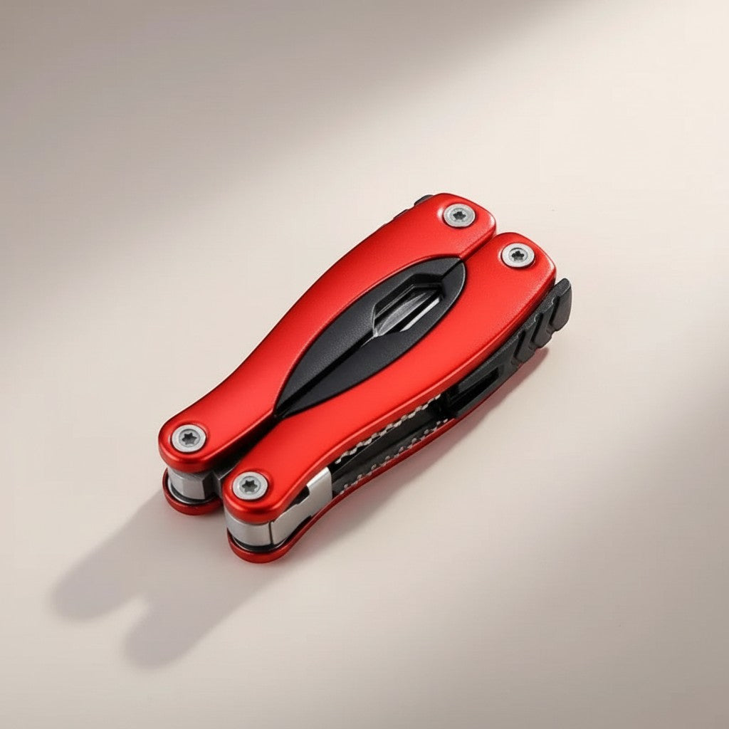 CAMPY red stainless steel 9-in-1 multi-tool pliers with black accents, ideal for outdoor adventures.