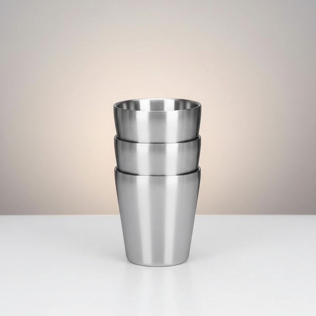 CAMPY stackable stainless steel camping cups, set of 3, 175ml capacity, ideal for travel and outdoor adventures.