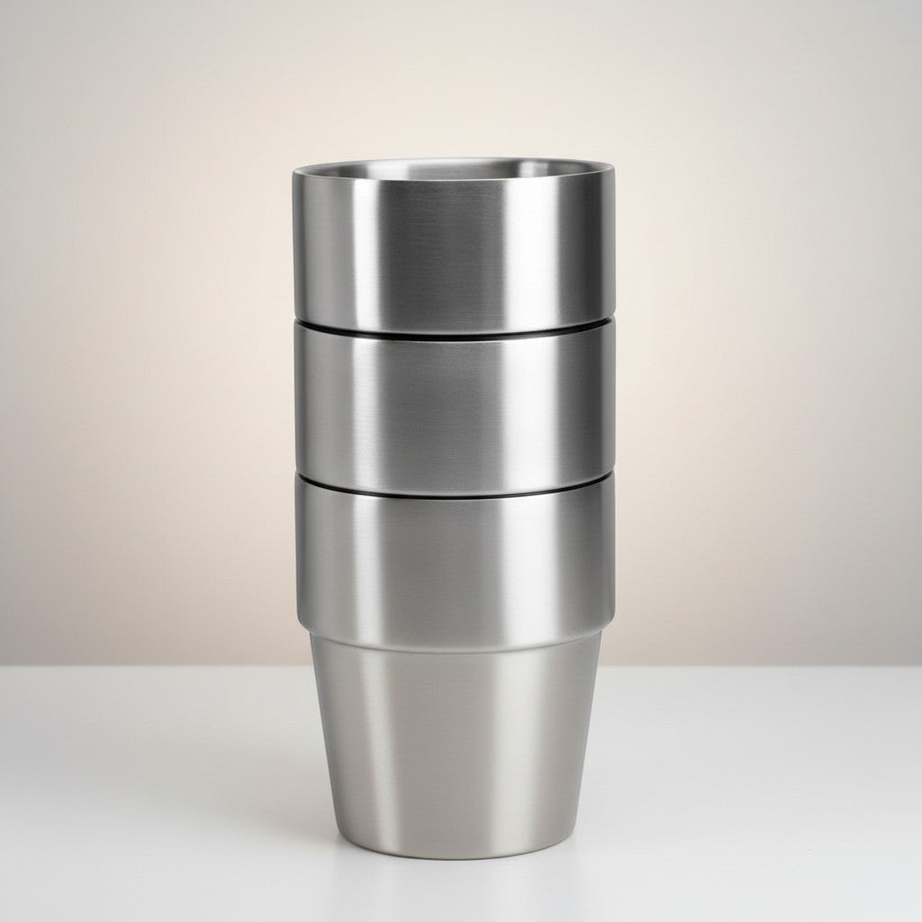 CAMPY stackable stainless steel camping cups, set of 3, 175ml capacity, ideal for travel and outdoor adventures.