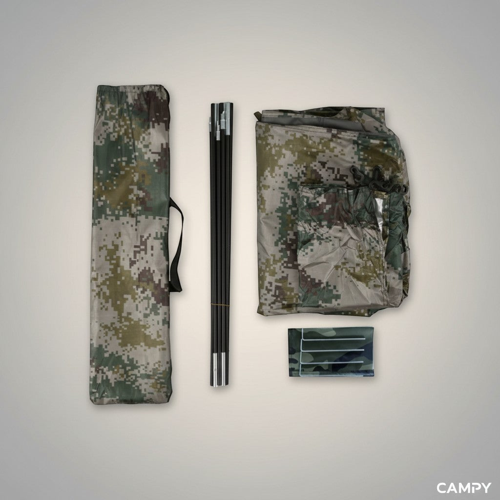 CAMPY ultralight 1-2 person camping tent in camouflage pattern, includes poles and carry bag.