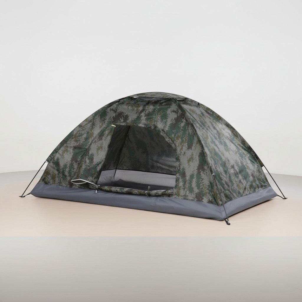 CAMPY ultralight 1-2 person camping tent in camouflage polyester with fiberglass poles and mesh door.