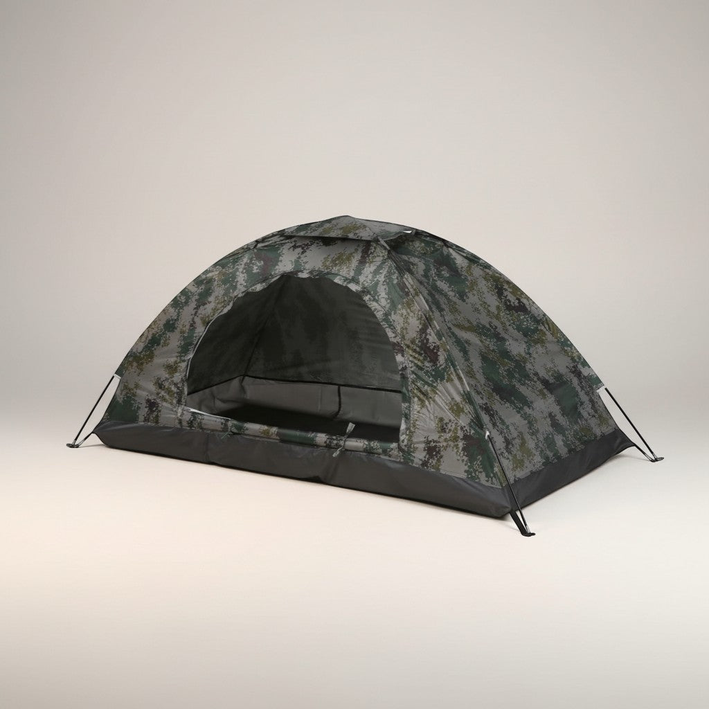 CAMPY ultralight 1-2 person camouflage polyester camping tent with fiberglass poles and dual zippers.