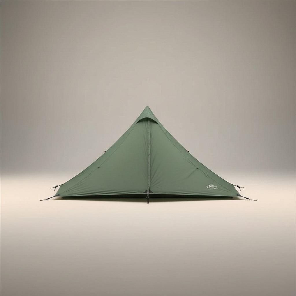 CAMPY single person ultralight pyramid tent in green, waterproof 210T fabric, rodless setup with trekking pole.