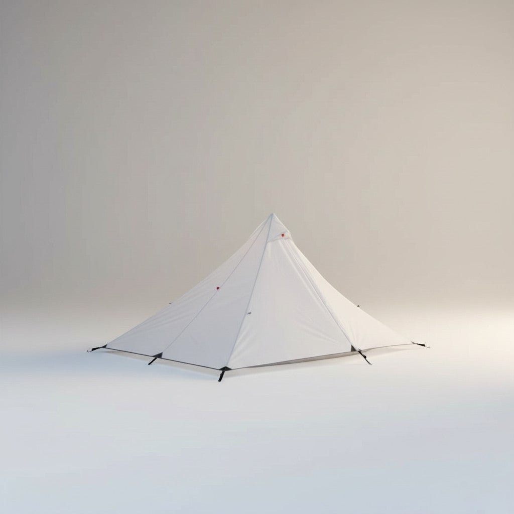 CAMPY white ultralight single person pyramid tent made of 210T fabric, rodless setup with trekking pole.